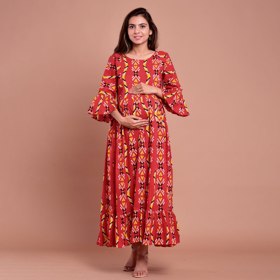 Cotton Red Zigzag Frilled Long Maternity Dress Fashiana Cotton Red Zigzag Frilled Long Maternity Dress Fashiana