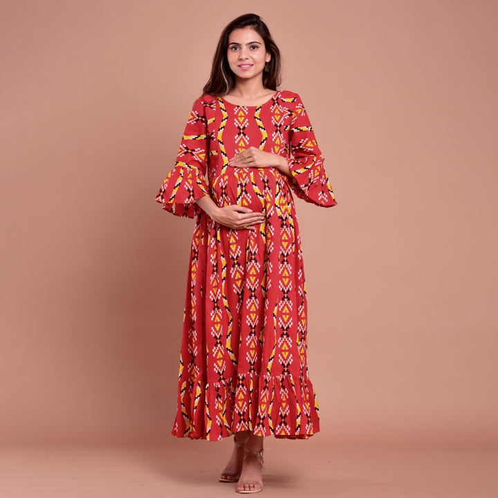 Cotton Red Zigzag Frilled Long Maternity Dress