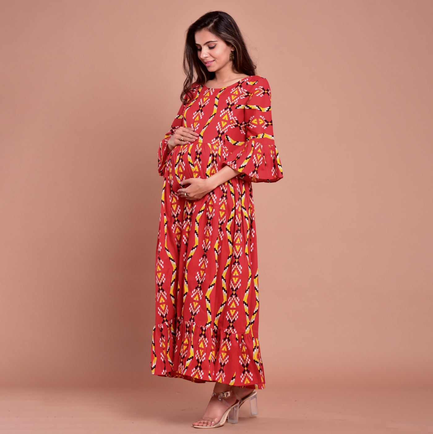 Cotton Red Zigzag Frilled Long Maternity Dress