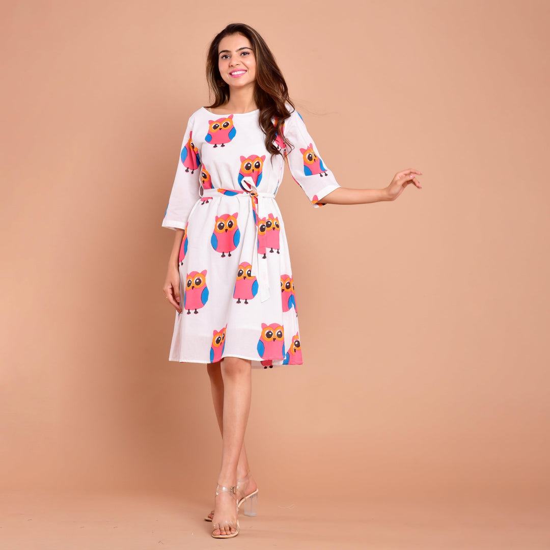 White Owl Print Knee Length Dress