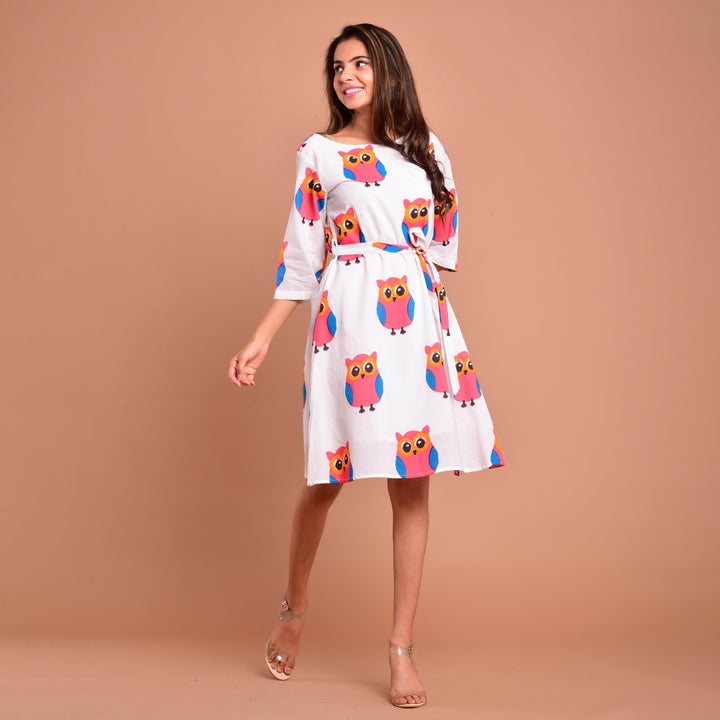 White Owl Print Knee Length Dress