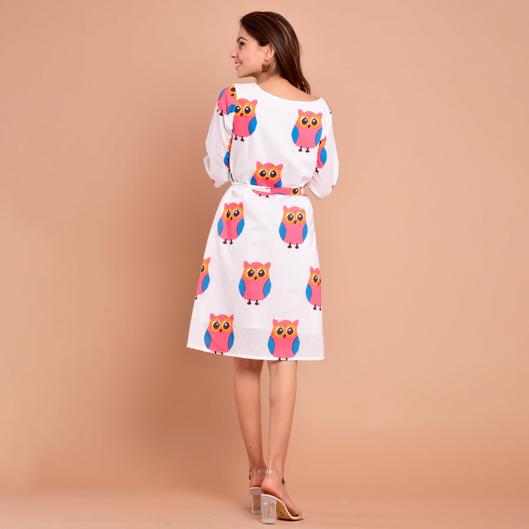 White Owl Print Knee Length Dress