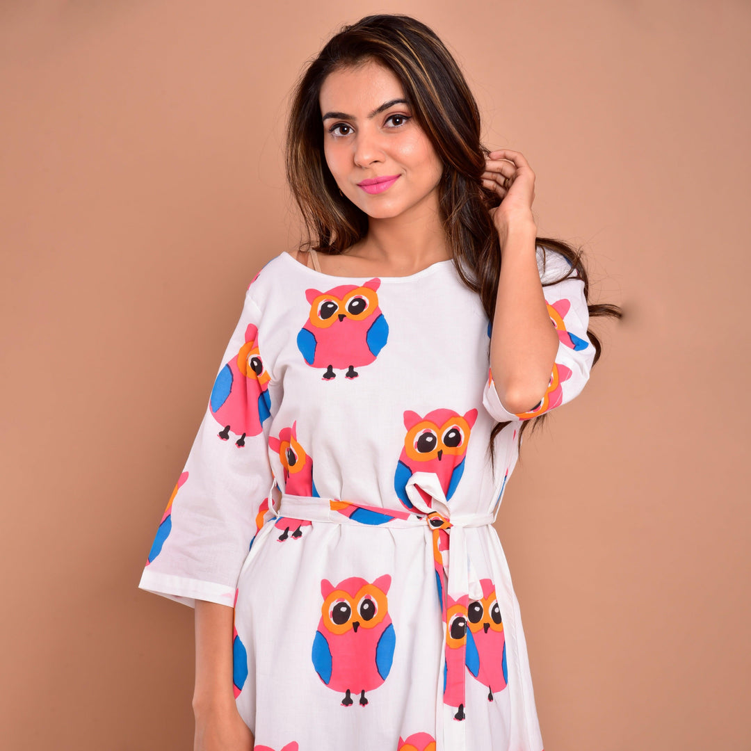 White Owl Print Knee Length Dress