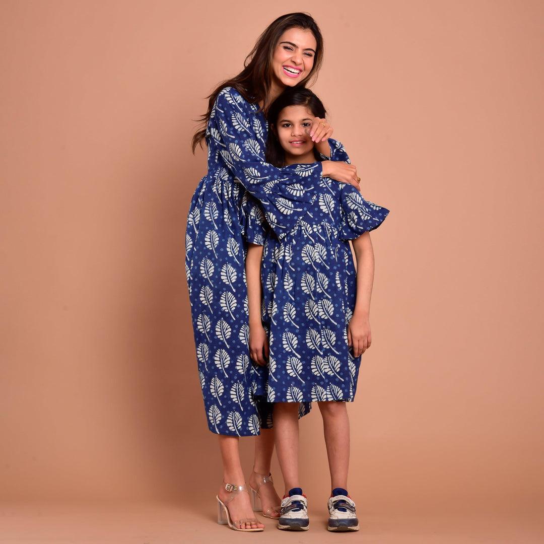 Indigo Block Print Mom and Daughter Dress