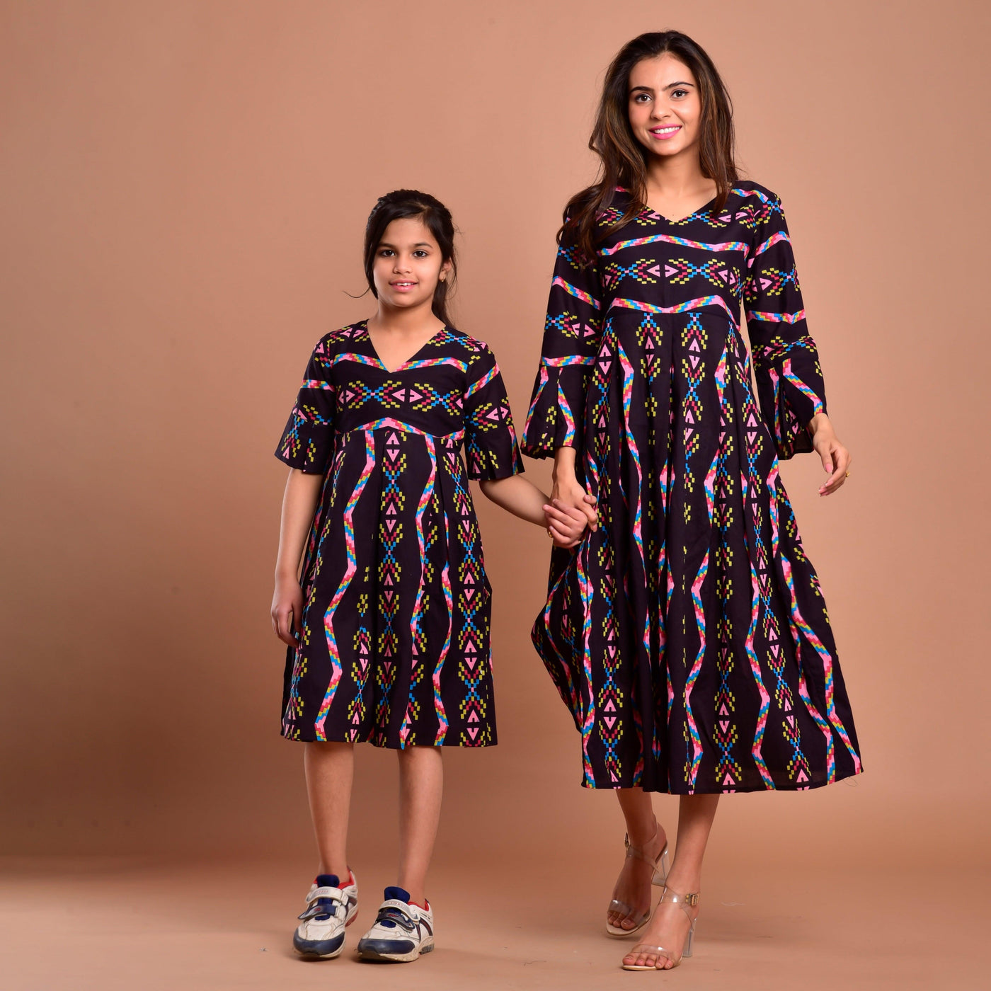 Black Zigzag Mom and Daughter Dress