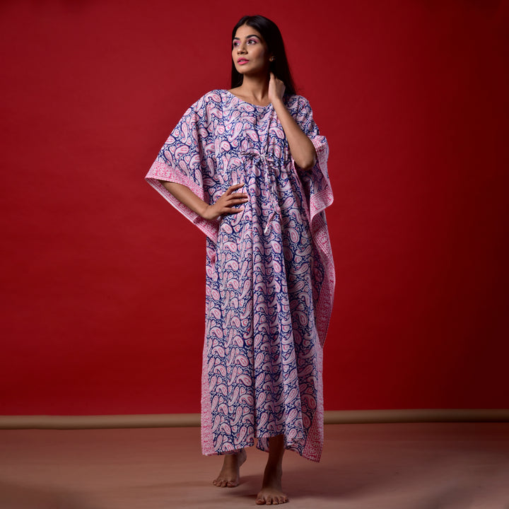 Blue-Pink Paisley Hand Block Print Kaftan