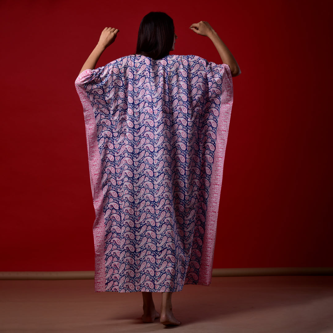 Blue-Pink Paisley Hand Block Print Kaftan