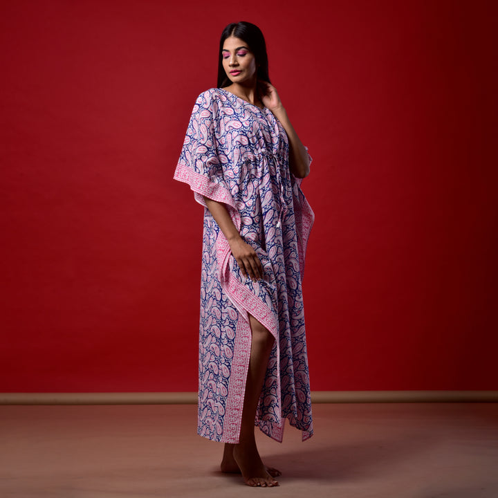 Blue-Pink Paisley Hand Block Print Kaftan