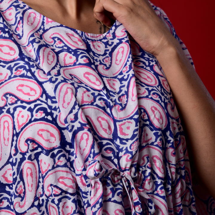 Blue-Pink Paisley Hand Block Print Kaftan