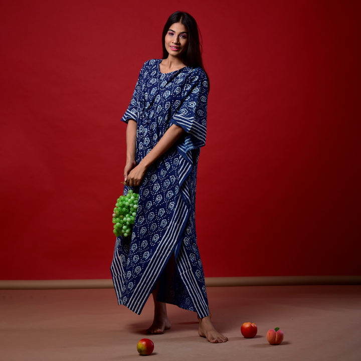 Indigo Fish Hand Block Print Kaftan