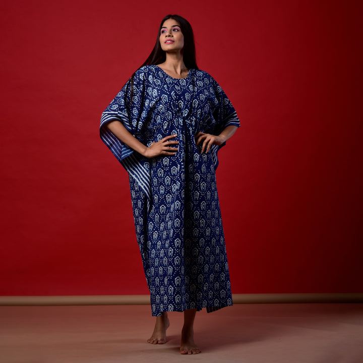Indigo Fish Hand Block Print Kaftan