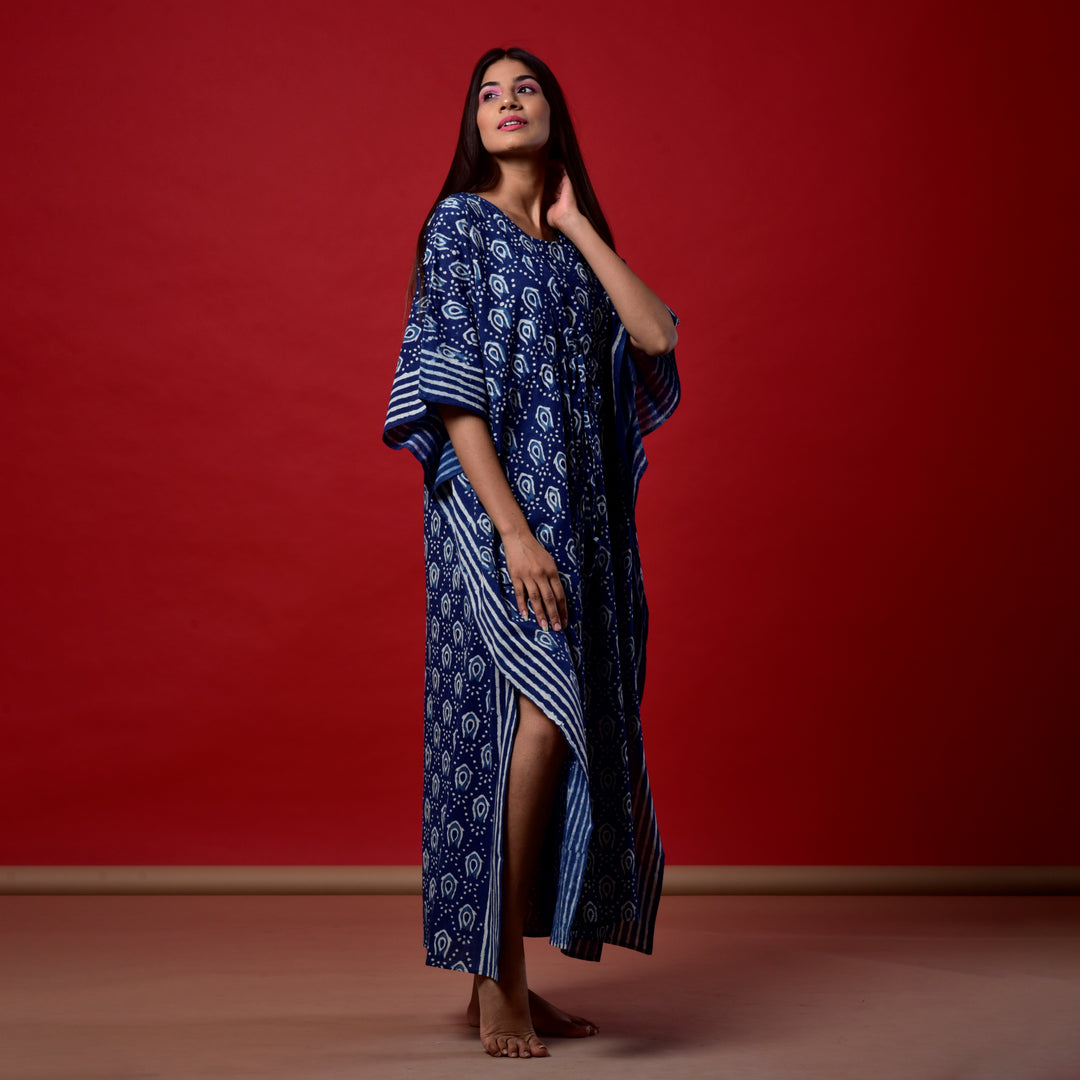 Indigo Fish Hand Block Print Kaftan