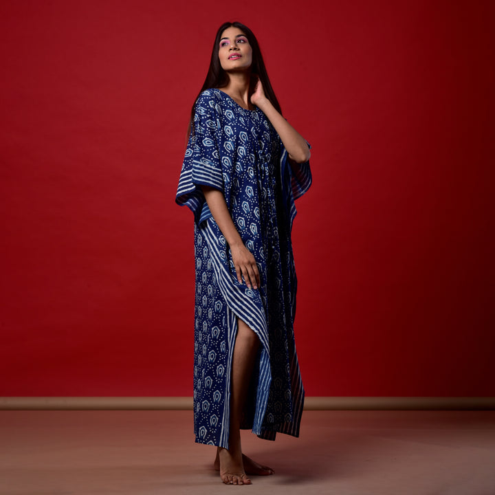 Indigo Fish Hand Block Print Kaftan