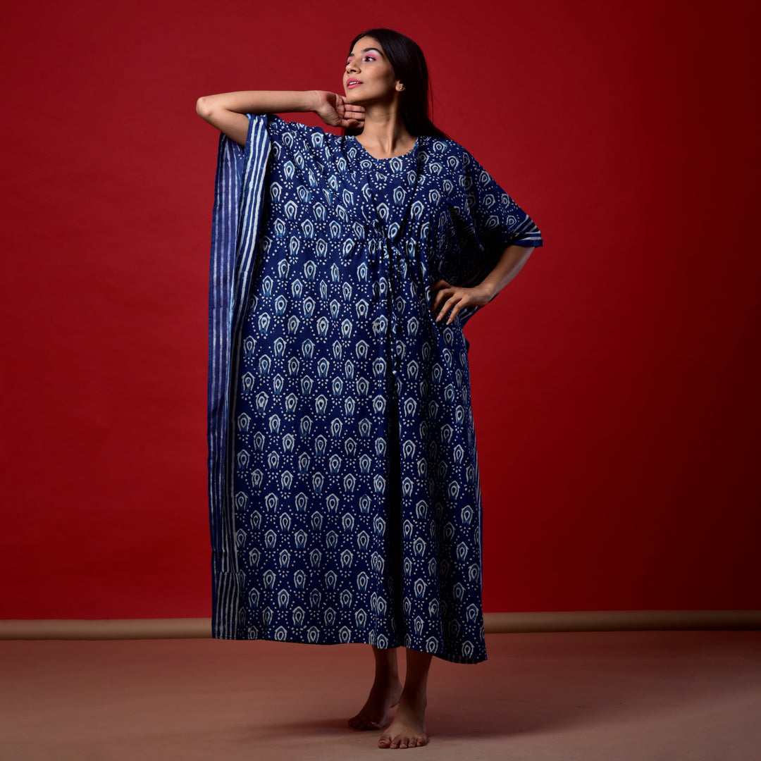 Indigo Fish Hand Block Print Kaftan