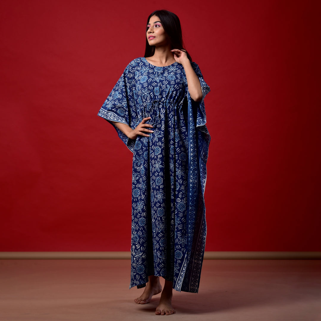 Indigo Flower Hand Block Print Kaftan