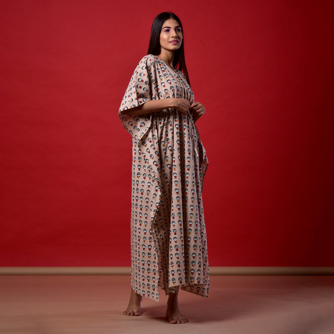 Brown Emoji Print Long Kaftan