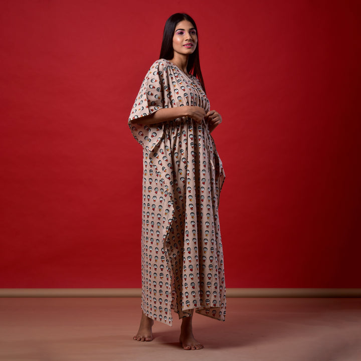 Brown Emoji Print Long Kaftan