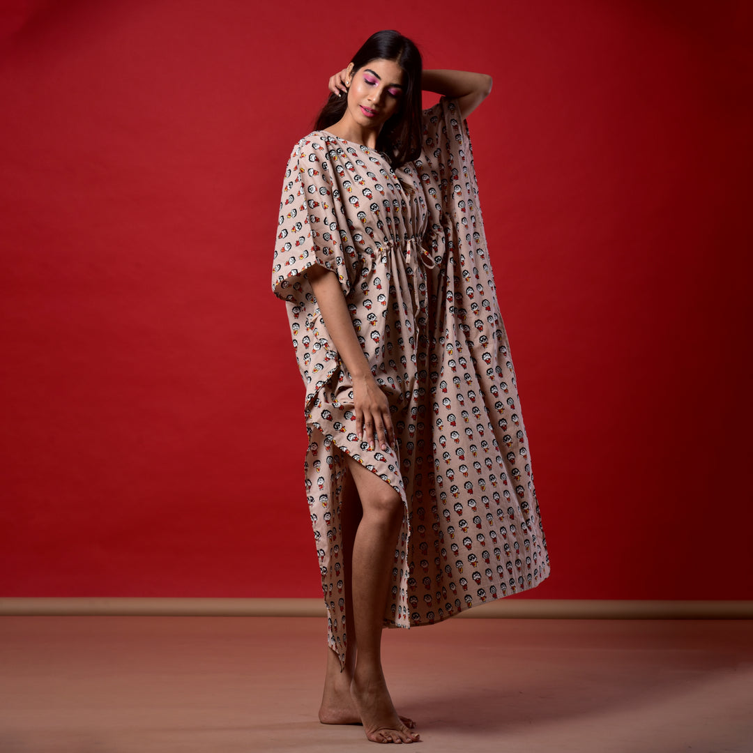 Brown Emoji Print Long Kaftan