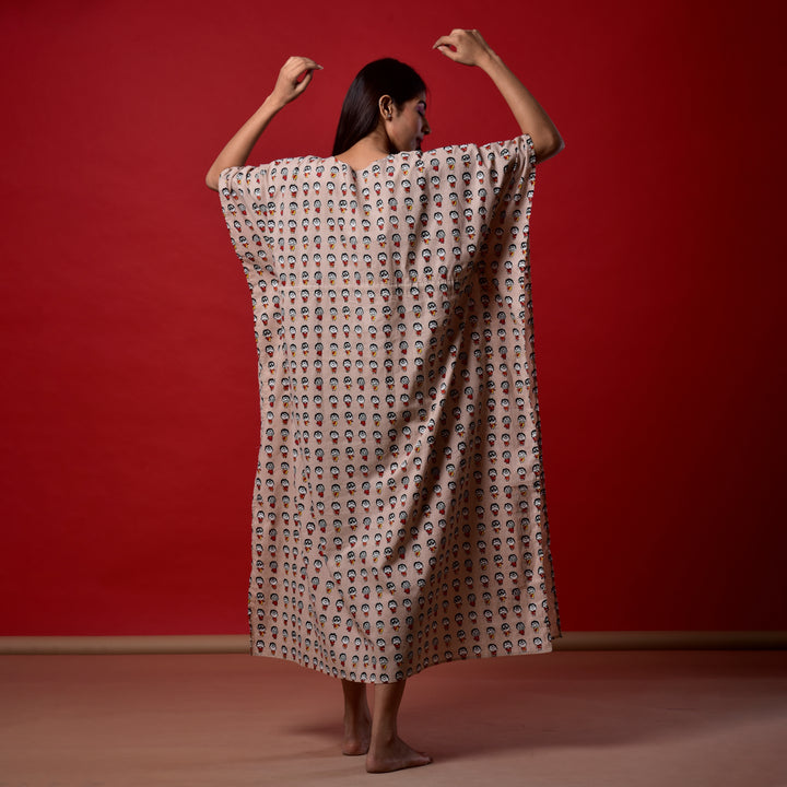 Brown Emoji Print Long Kaftan