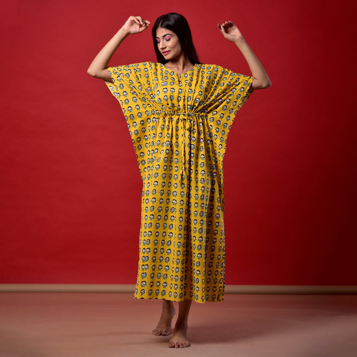 Yellow Emoji Print Long Kaftan