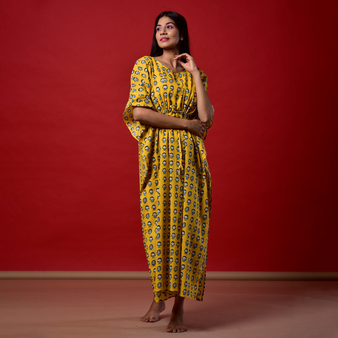 Yellow Emoji Print Long Kaftan