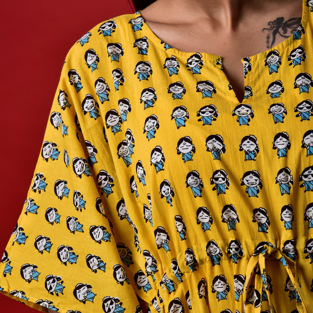 Yellow Emoji Print Long Kaftan