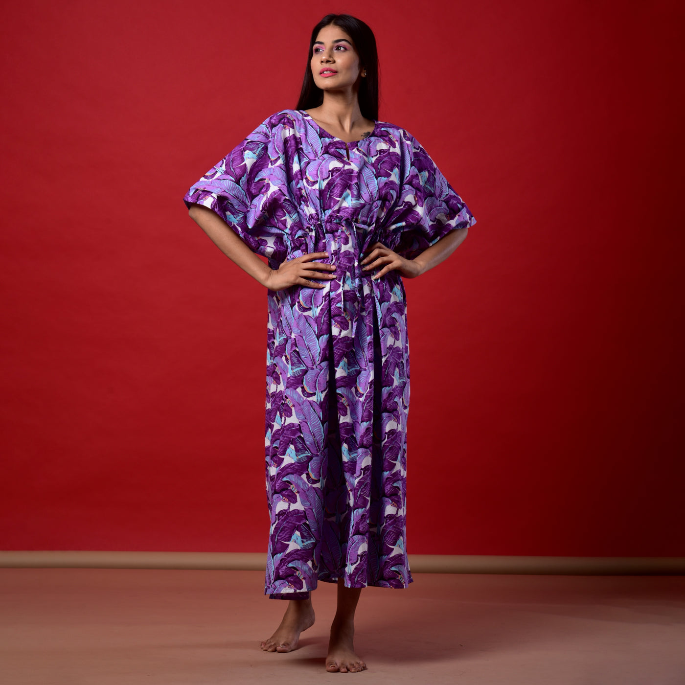 Purple Leaf Print Long Kaftan