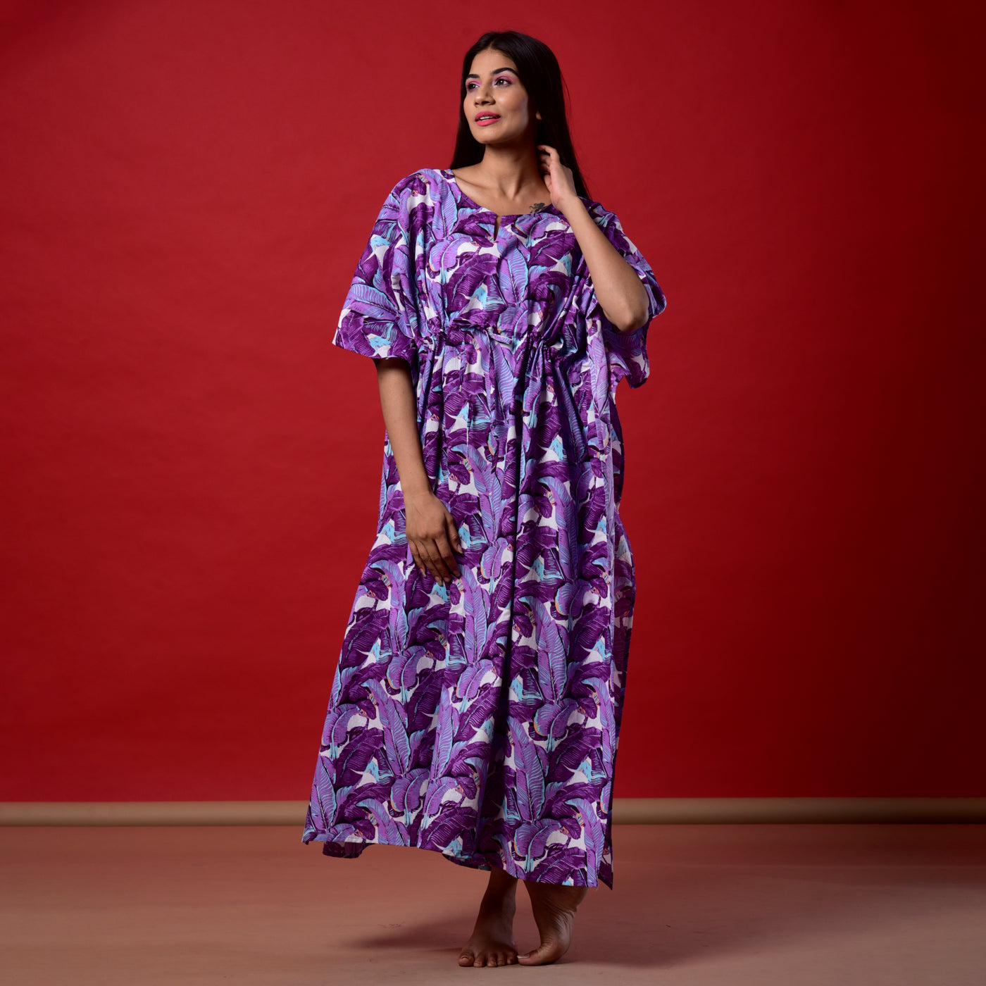 Purple Leaf Print Long Kaftan