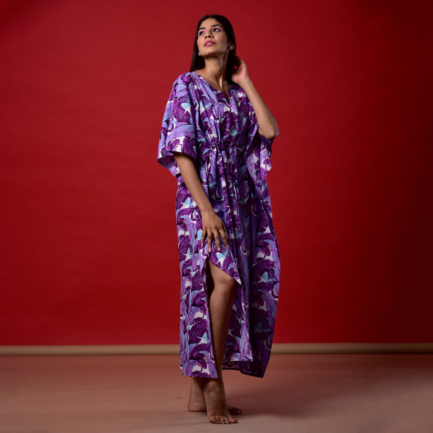 Purple Leaf Print Long Kaftan