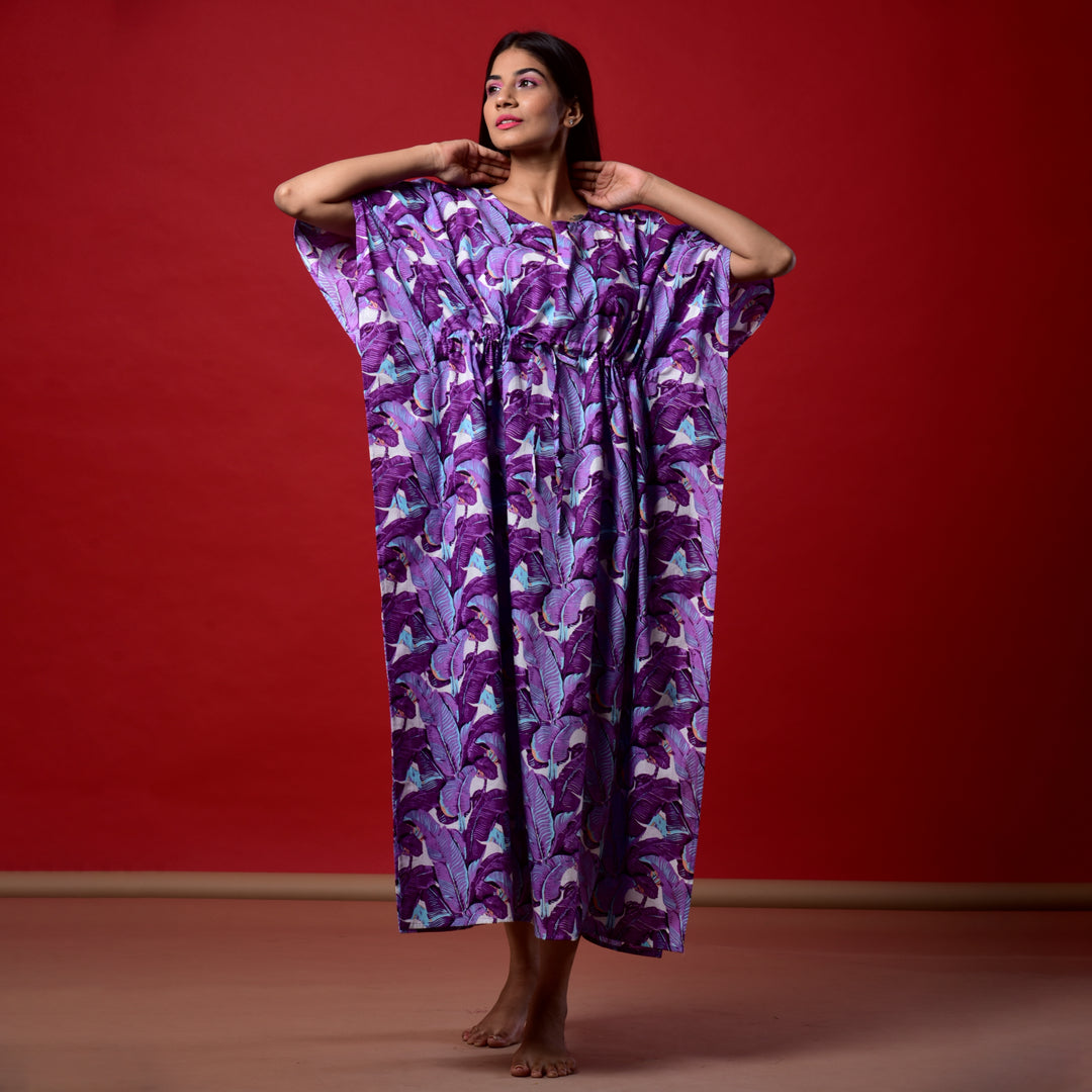 Purple Leaf Print Long Kaftan