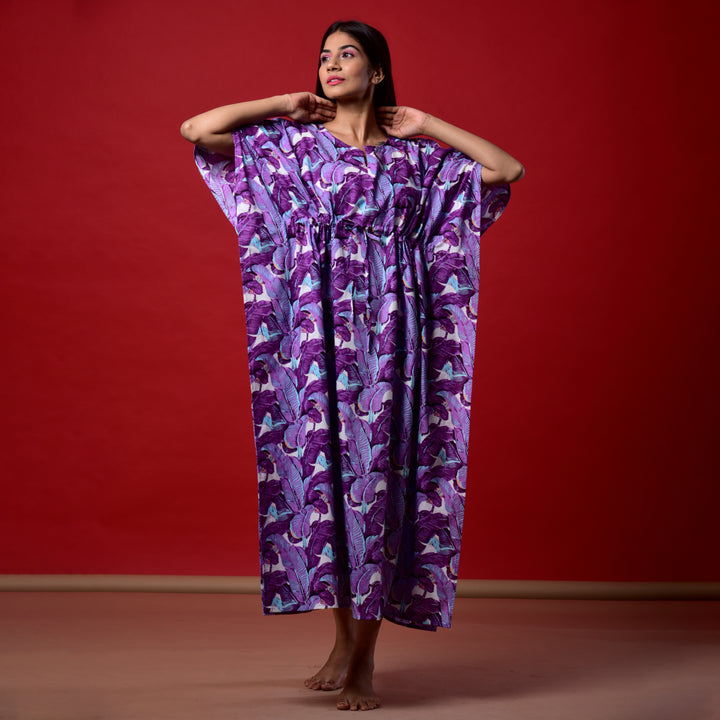Purple Leaf Print Long Kaftan