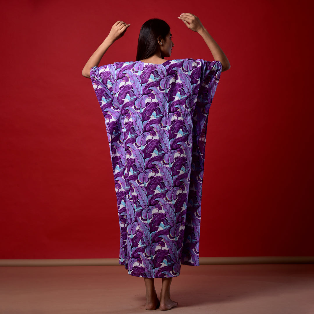 Purple Leaf Print Long Kaftan