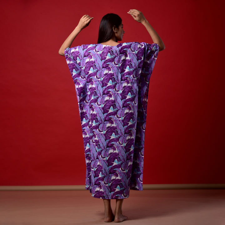 Purple Leaf Print Long Kaftan