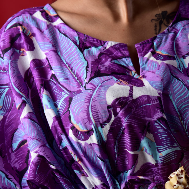 Purple Leaf Print Long Kaftan