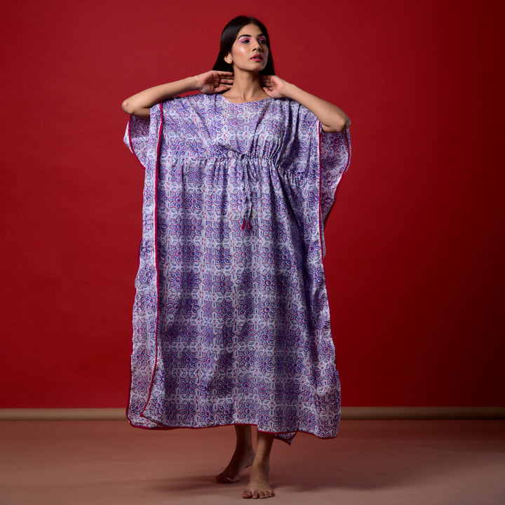 Blue Star Hand Block Print Pom Pom Kaftan