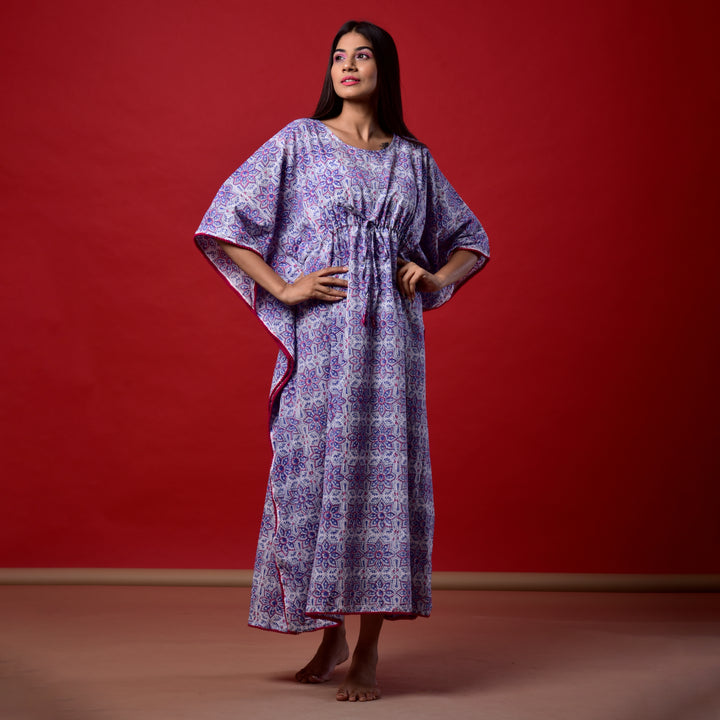Blue Star Hand Block Print Pom Pom Kaftan
