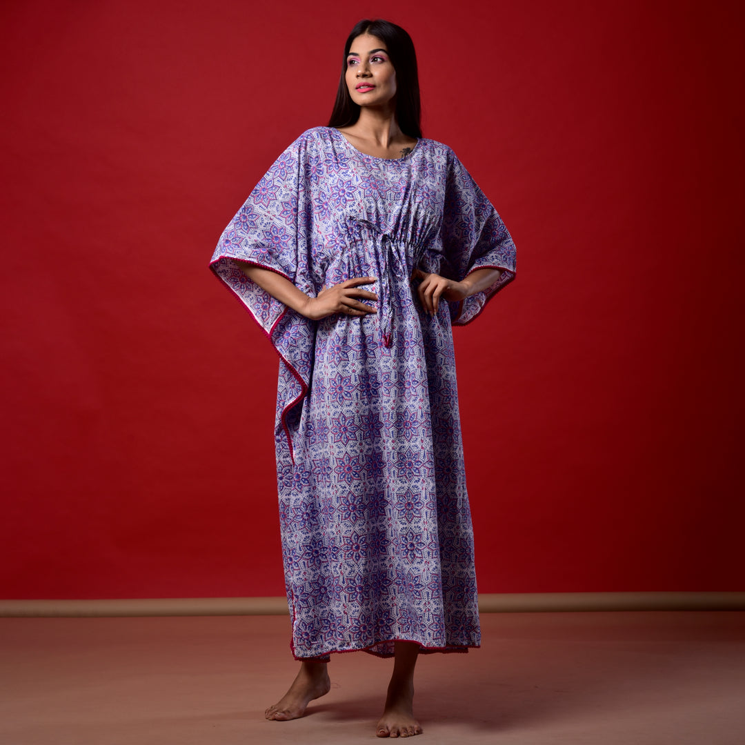 Blue Star Hand Block Print Pom Pom Kaftan