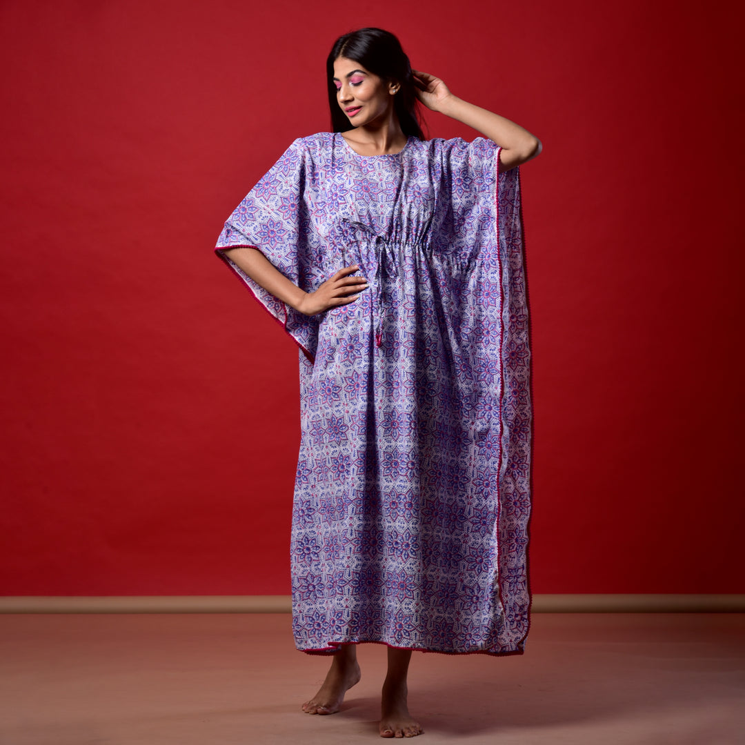 Blue Star Hand Block Print Pom Pom Kaftan