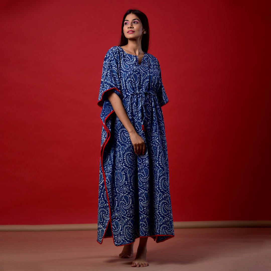 Indigo Kery Hand Block Print Pom Pom Kaftan