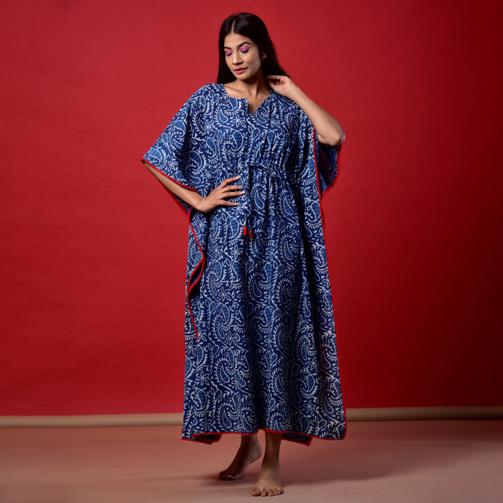 Indigo Kery Hand Block Print Pom Pom Kaftan
