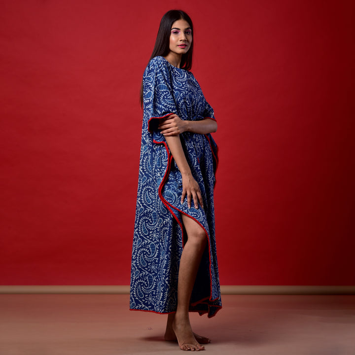 Indigo Kery Hand Block Print Pom Pom Kaftan