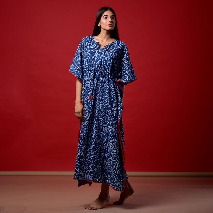 Indigo Kery Hand Block Print Pom Pom Kaftan