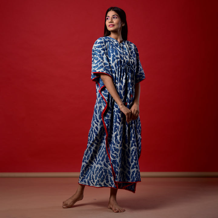 Indigo Splash Hand Block Print Pom Pom Kaftan