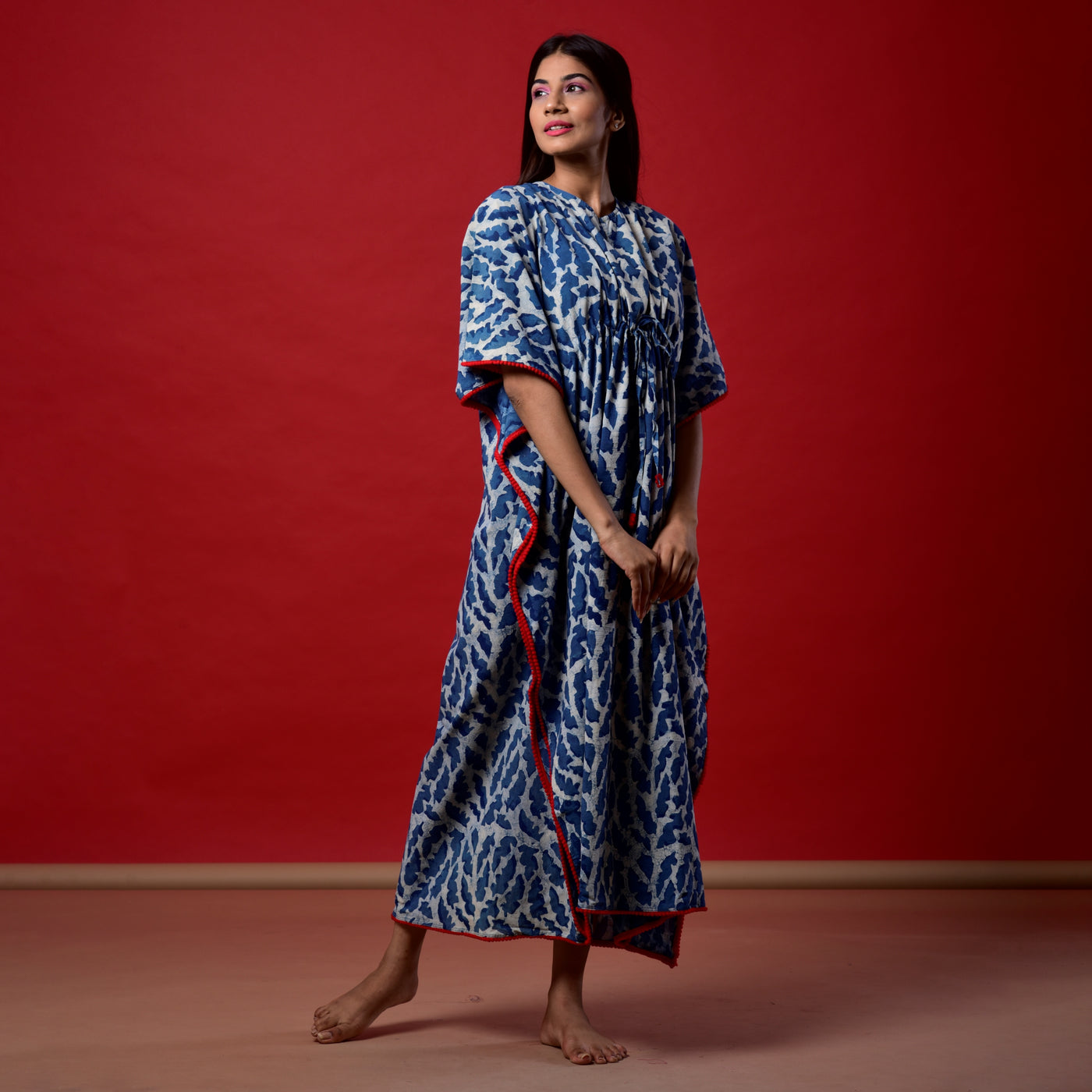 Indigo Splash Hand Block Print Pom Pom Kaftan