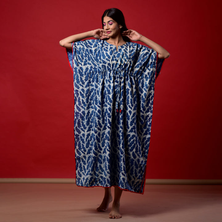 Indigo Splash Hand Block Print Pom Pom Kaftan