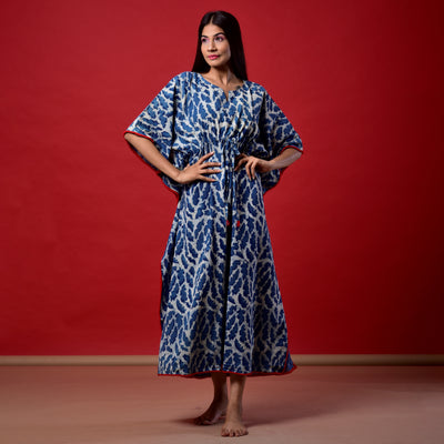 Indigo Splash Hand Block Print Pom Pom Kaftan