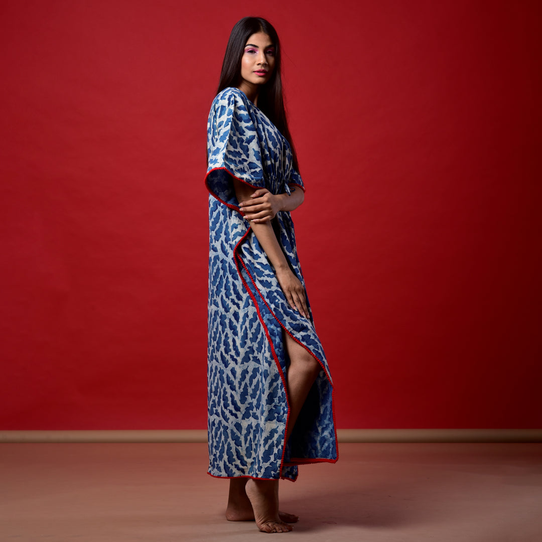 Indigo Splash Hand Block Print Pom Pom Kaftan