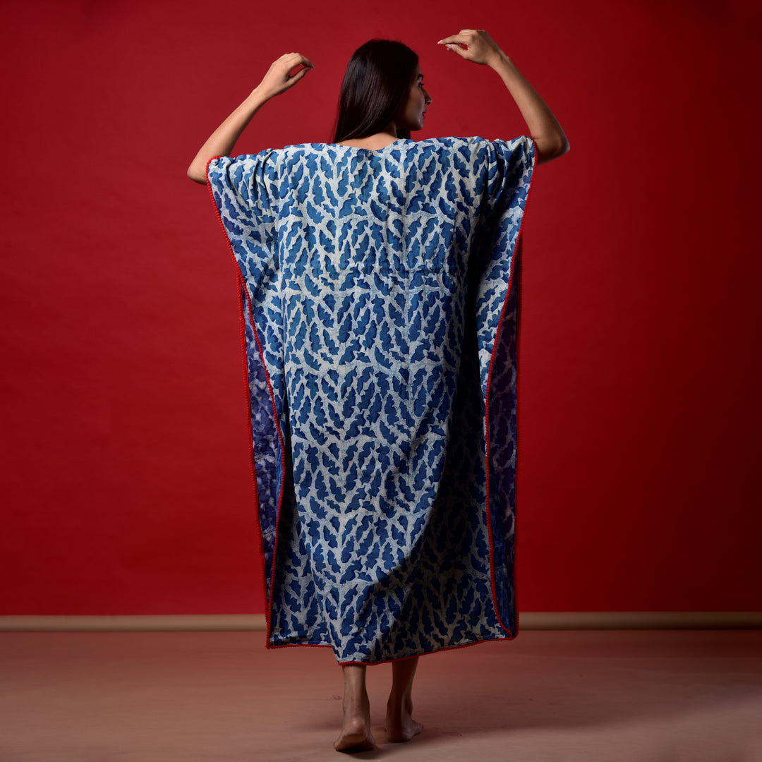 Indigo Splash Hand Block Print Pom Pom Kaftan