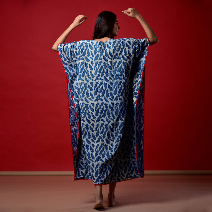 Indigo Splash Hand Block Print Pom Pom Kaftan