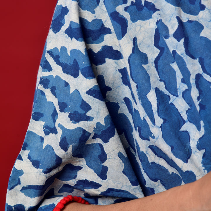 Indigo Splash Hand Block Print Pom Pom Kaftan